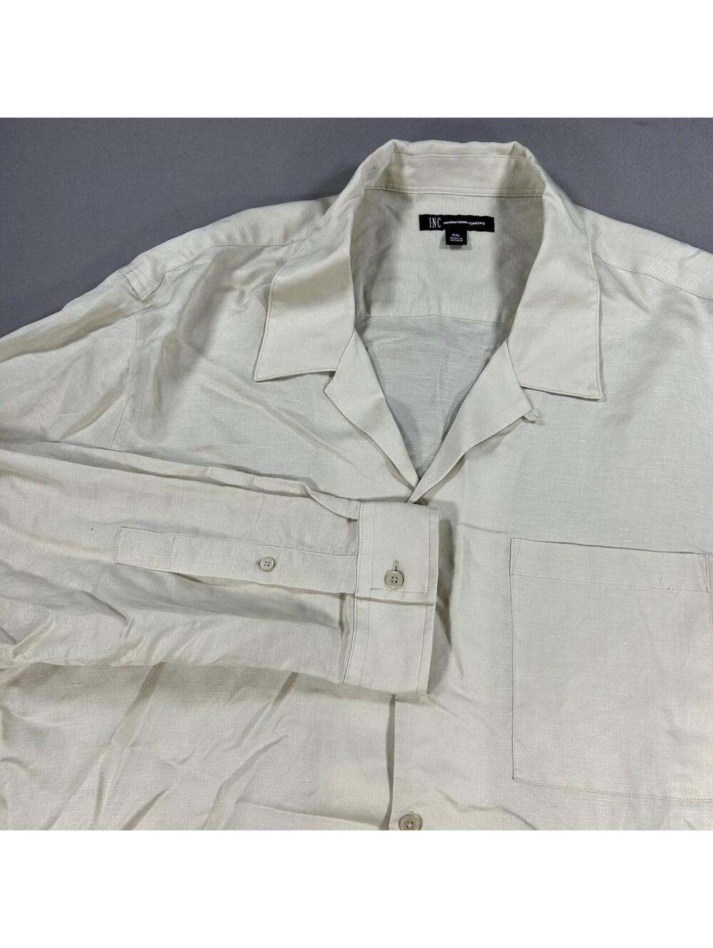 INC Mens Kylo Linen Blend Classic Fit Camp Button Down Shirt Grain Beige XXL